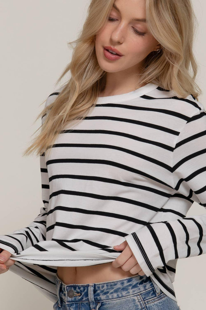 Women's Long Sleeve - Long Sleeve Round Neck Neck Stripe Tee - - Cultured Cloths Apparel