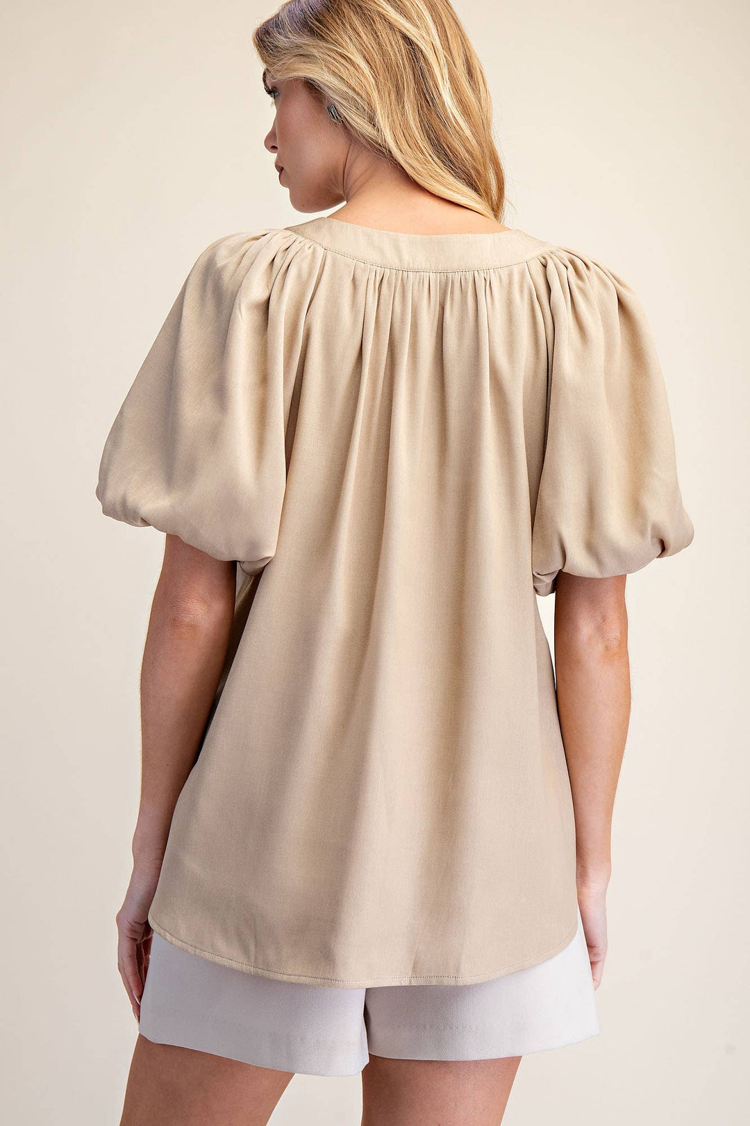 - V-Neck Placket Balloon Sleeve Top - M - Cultured Cloths Apparel