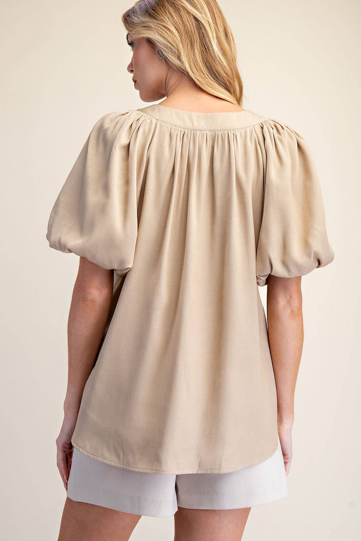 - V-Neck Placket Balloon Sleeve Top - M - Cultured Cloths Apparel