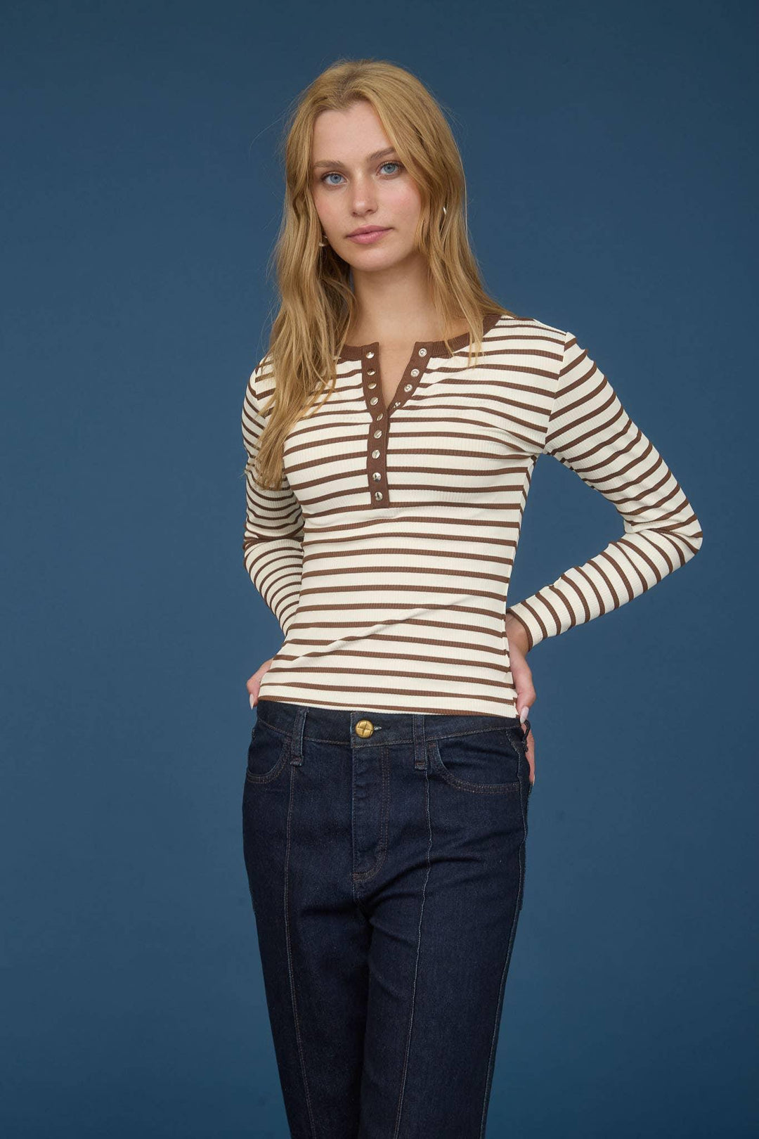 Women's Long Sleeve - STRIPE SNAP BUTTON HENLEY RIB KNIT TOP - - Cultured Cloths Apparel
