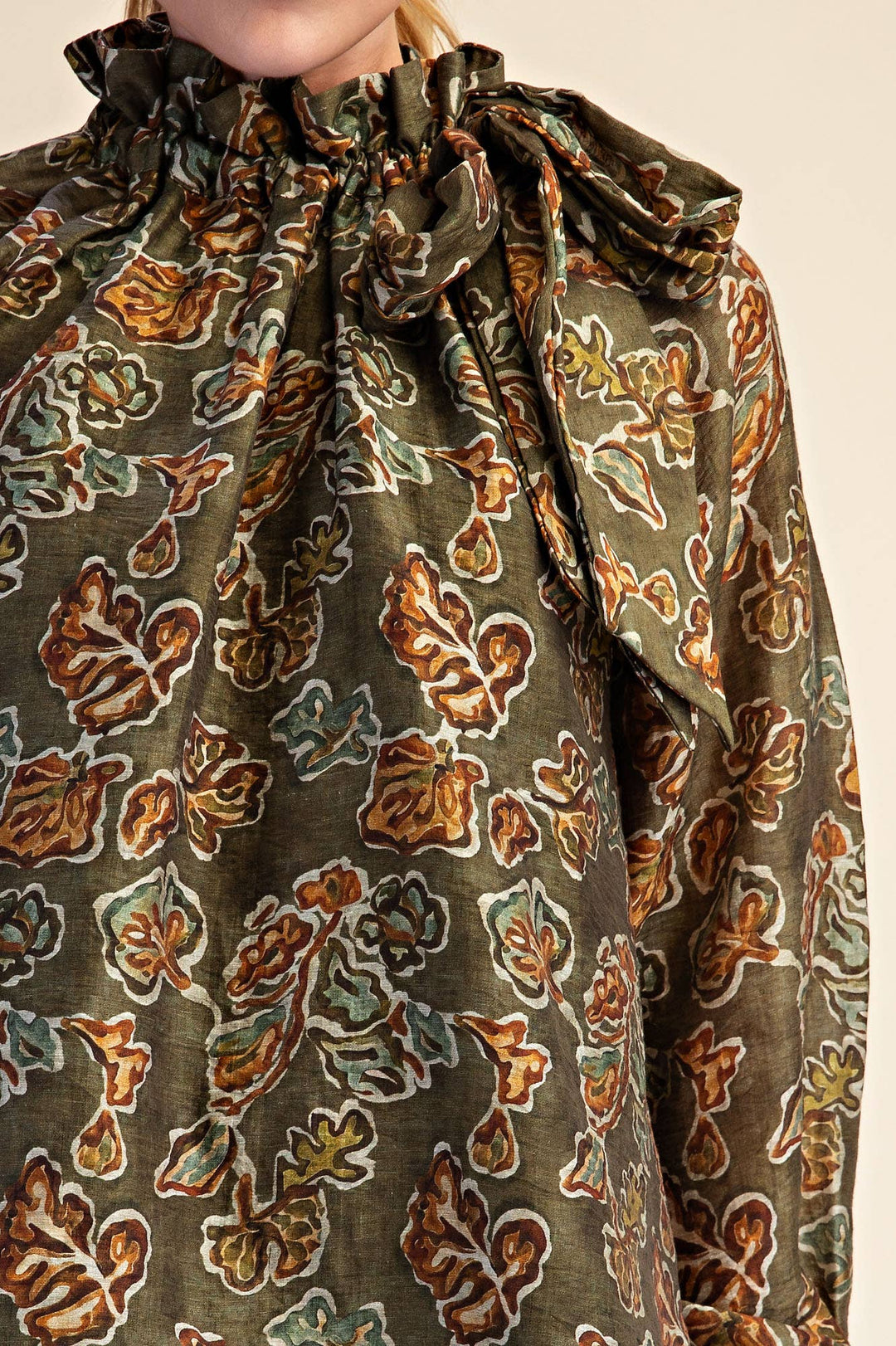 Ruffle Tie Neck Long Sleeve Print Blouse