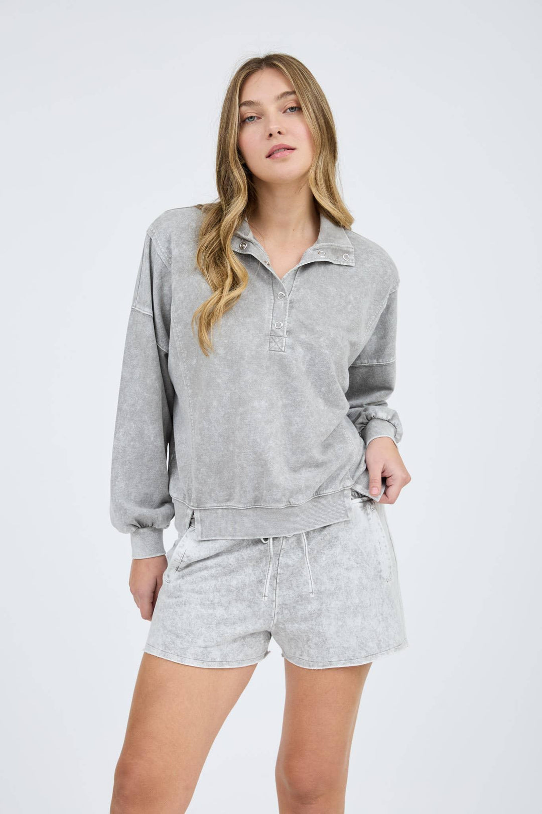 Women's Long Sleeve - WASHED HALF SNAP BUTTON LONG SLEEVE KNIT TOP - - Cultured Cloths Apparel