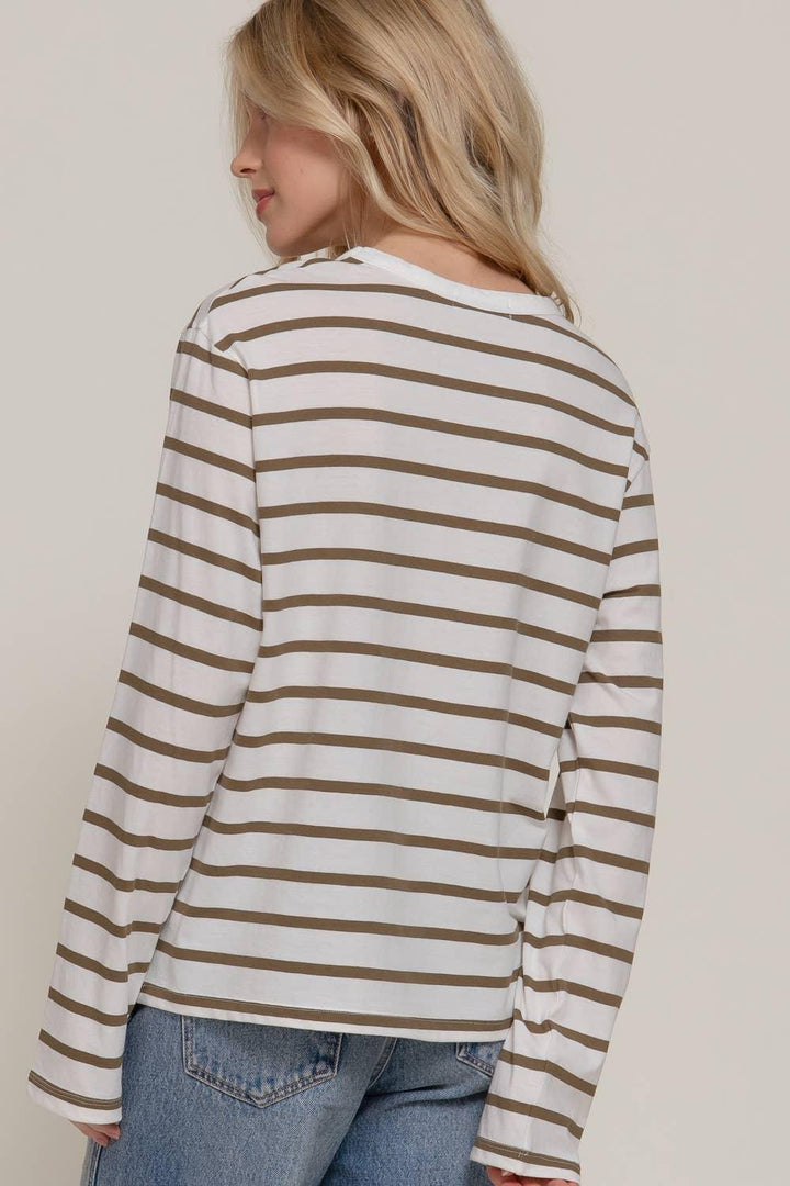 Women's Long Sleeve - Long Sleeve Round Neck Neck Stripe Tee - - Cultured Cloths Apparel