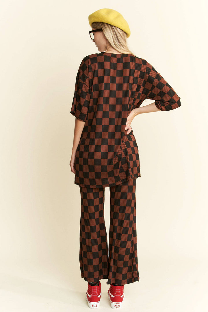 RIBBED CHECKERED PRINT TOP/STRAIGHT LEG PANTS SET