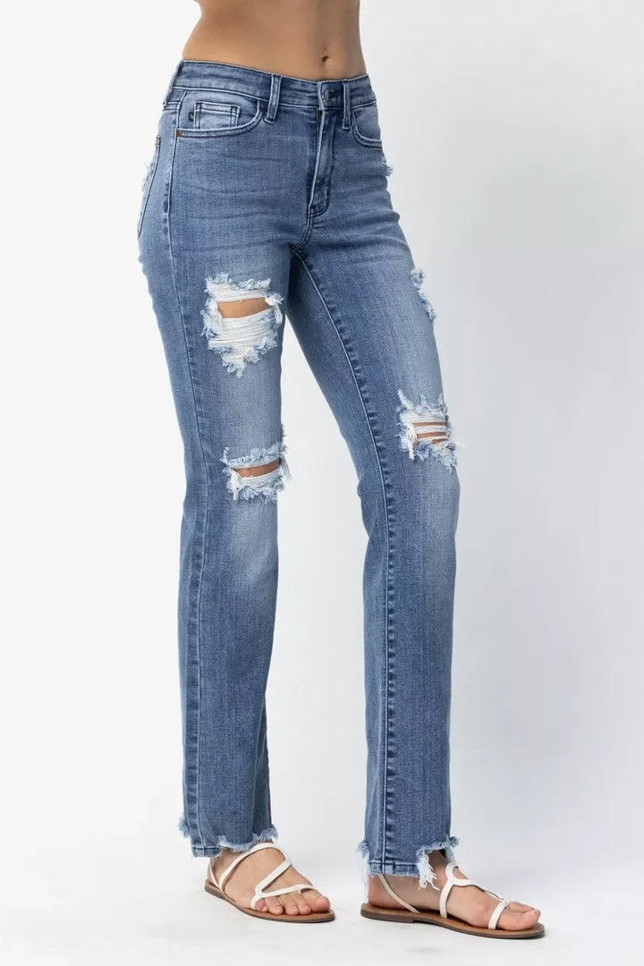 Denim - Judy Blue Full Size Mid Rise Destroy Straight Jeans Plus Size - - Cultured Cloths Apparel
