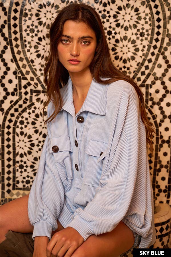 T1578-3 Solid Texture Knit Collared Loose Fit Top
