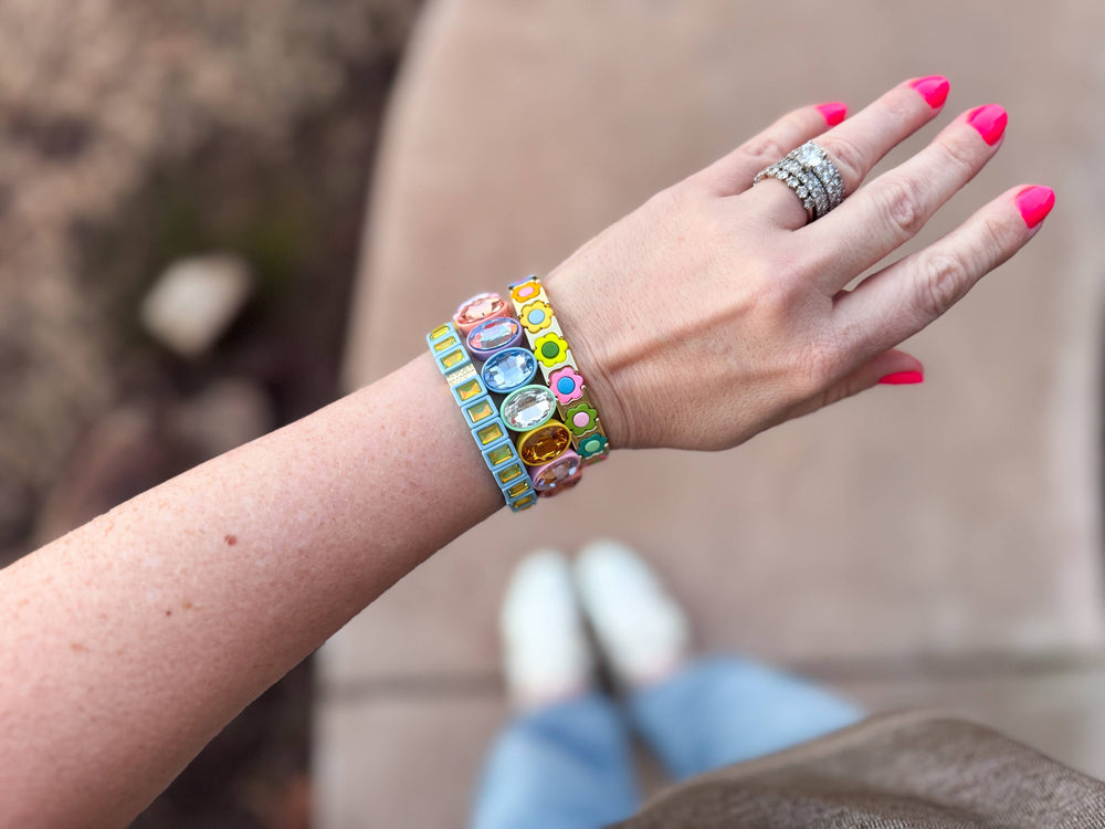 Accessories, Bracelets - Enamel Stretch Bracelet - Large Oval Rainbow Stones - Olivia - - Cultured Cloths Apparel