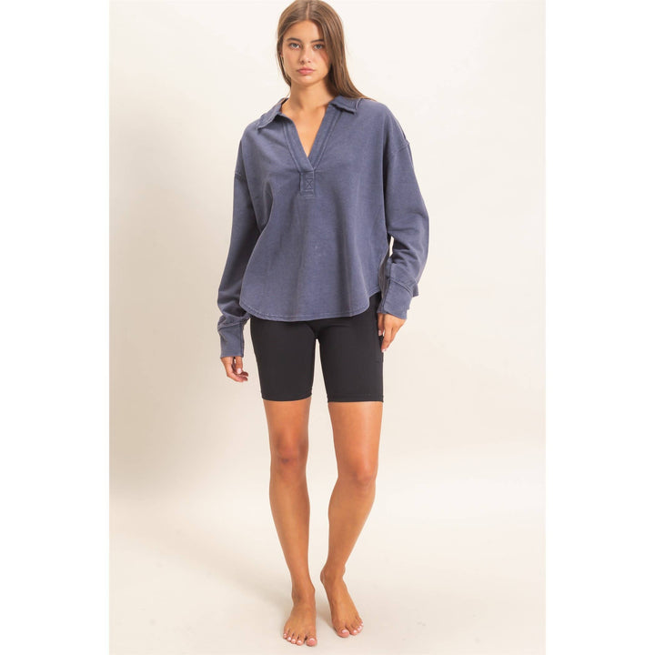 Mineral Washed Polo Collar Long Sleeve Top