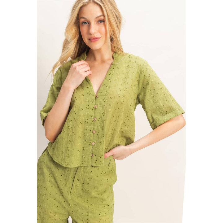 Olive Floral Eyelet Mandarin Collar Top