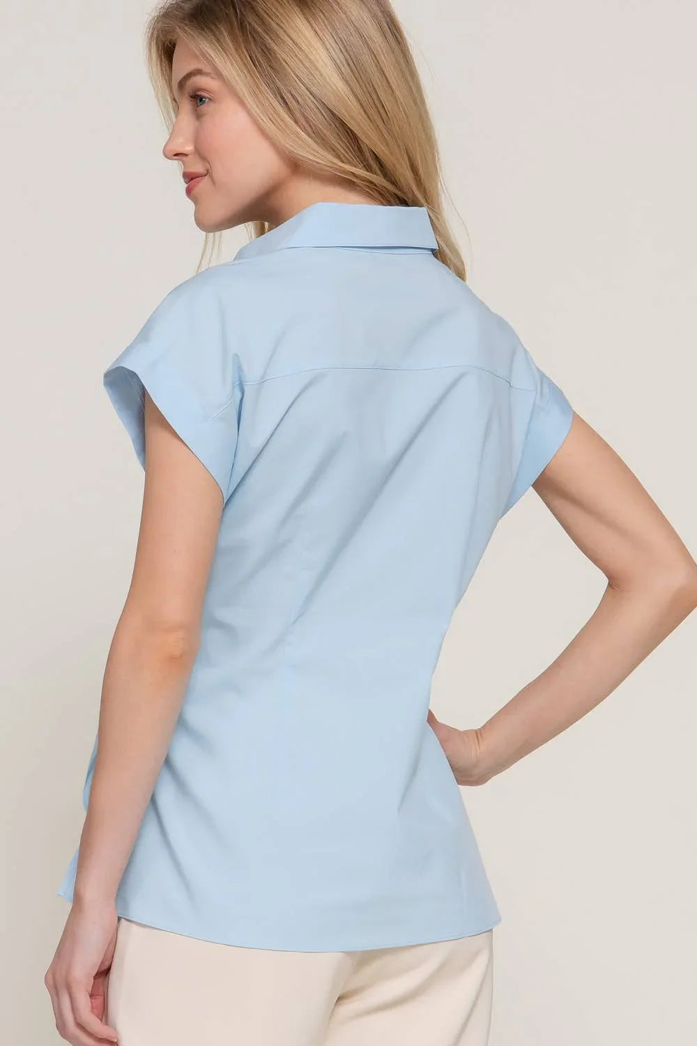 Women's Short Sleeve - Short Dolman Sleeve Button Down Side Knot Poplin Shirt - - Cultured Cloths Apparel