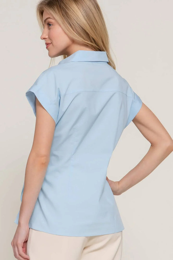 Women's Short Sleeve - Short Dolman Sleeve Button Down Side Knot Poplin Shirt - - Cultured Cloths Apparel