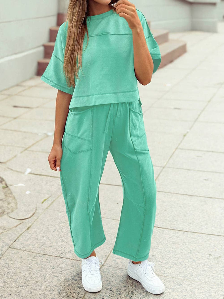 Athleisure - Pink Daily High Waist Short Sleeve Basis Pants Set - - Cultured Cloths Apparel