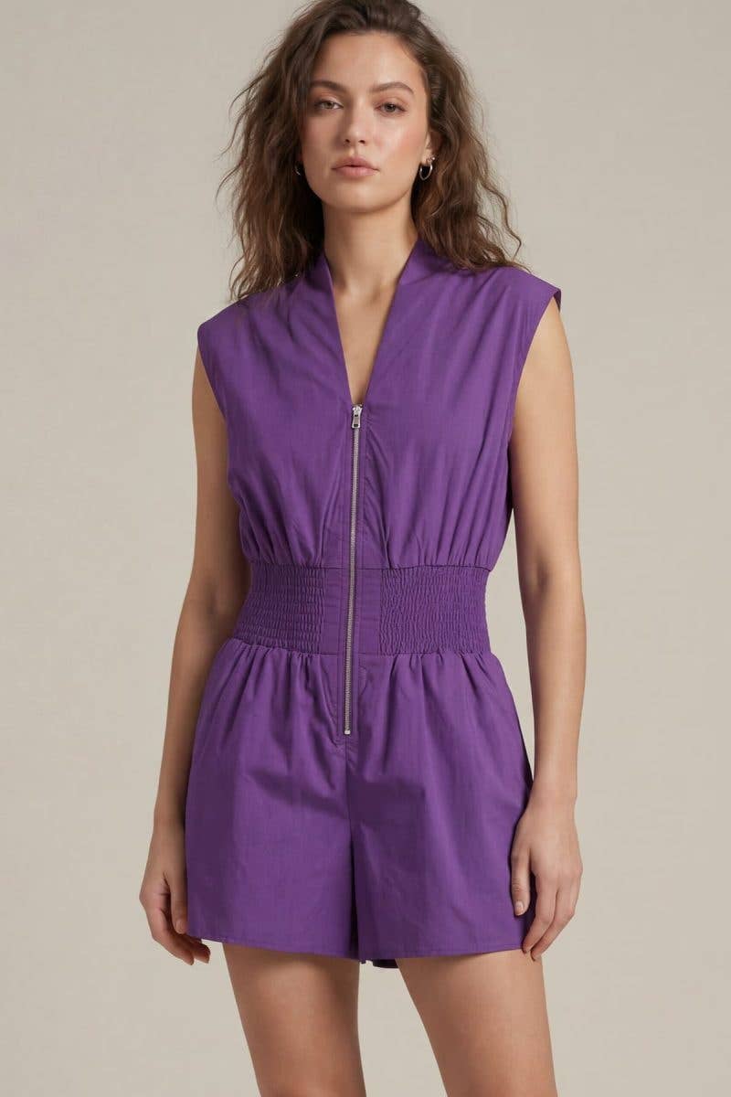 Romper - Cap Sleeve Woven Smocked Waist Front Zip Romper - - Cultured Cloths Apparel