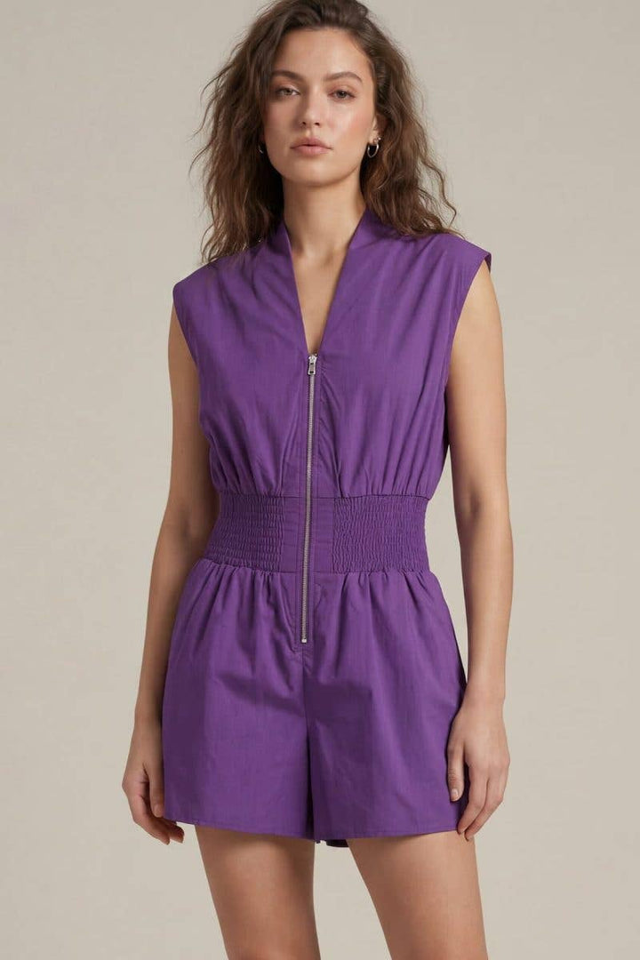 Romper - Cap Sleeve Woven Smocked Waist Front Zip Romper - - Cultured Cloths Apparel