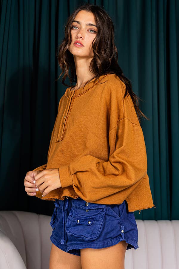 Lantern Sleeve Button-up French Terry Crop Top