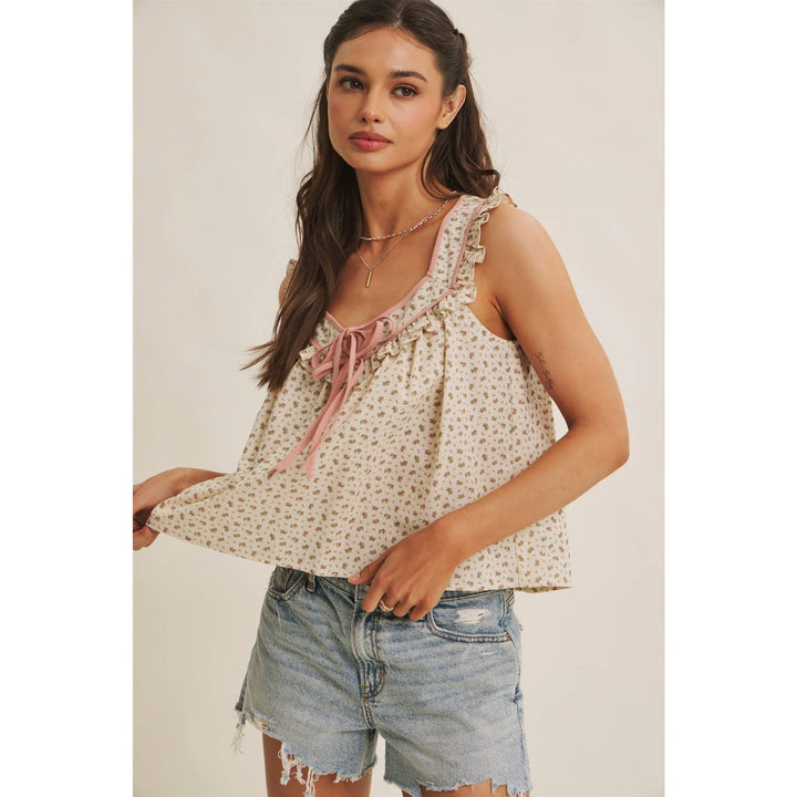 Women's Sleeveless - ANTIQUE MEADOW CONTRAST BINDING FLORAL RUFFLED BLOUSE TOP - - Cultured Cloths Apparel