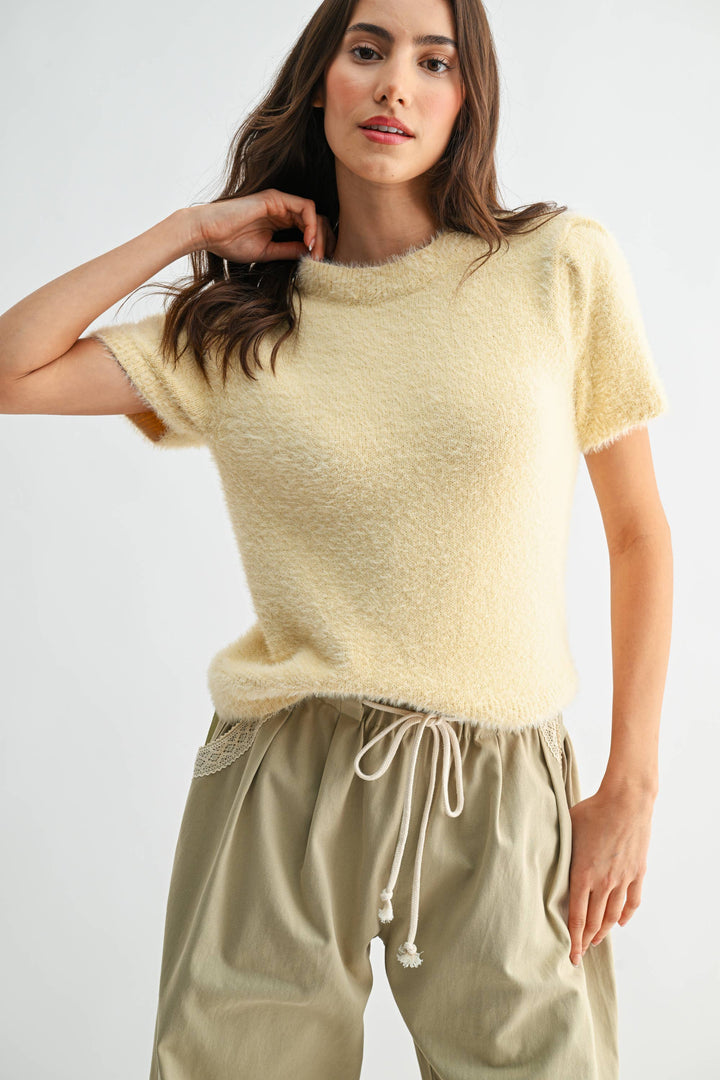 Women's Short Sleeve - Soft Pink Fuzzy Knit Short Sleeve Sweater Top - - Cultured Cloths Apparel