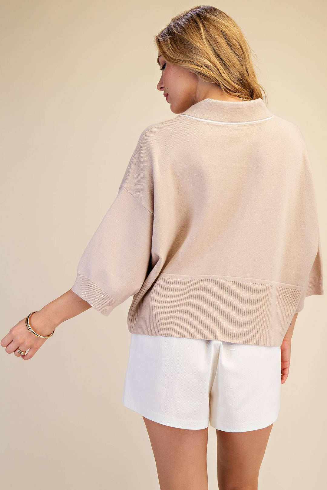 Nude Collar With Contrast Trim Loose Fit Dropped Shoulder Sweater