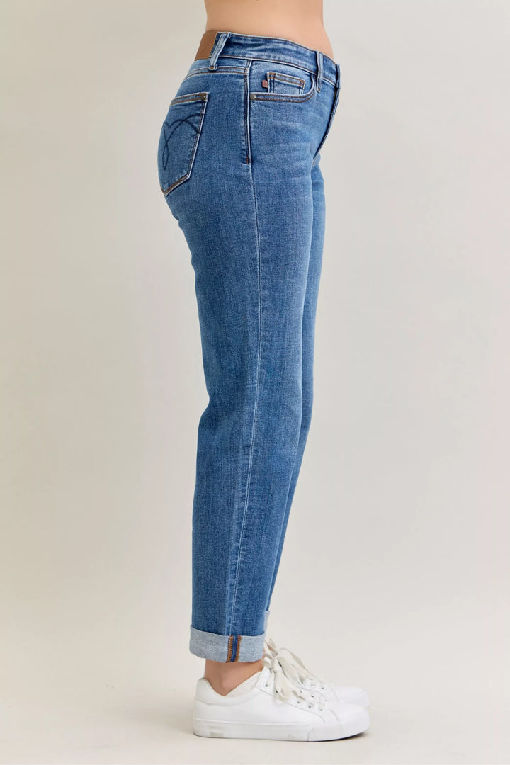 Denim - Judy Blue Full Size Mid Rise BF Classic Cuffed Jeans Plus Size - - Cultured Cloths Apparel