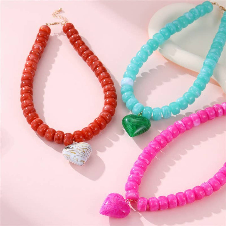 Accessories, Necklaces - Heart Pendant Resin Beaded Necklaces | 40NK9701 - - Cultured Cloths Apparel