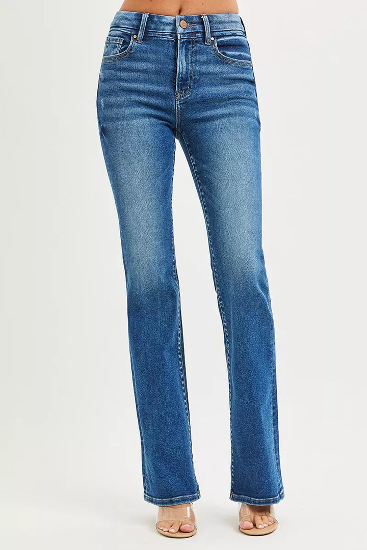 Denim - RISEN High Rise Bootcut Jeans With Distressed Details - - Cultured Cloths Apparel