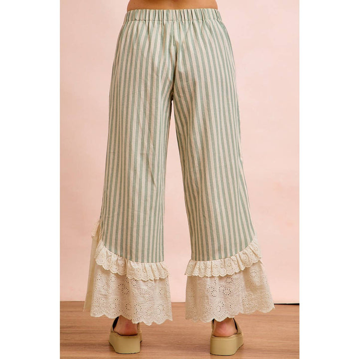 Pants - STRIPE WOVEN RUFFLED LACE HEM PANTS WITH SIDE POCKET - - Cultured Cloths Apparel