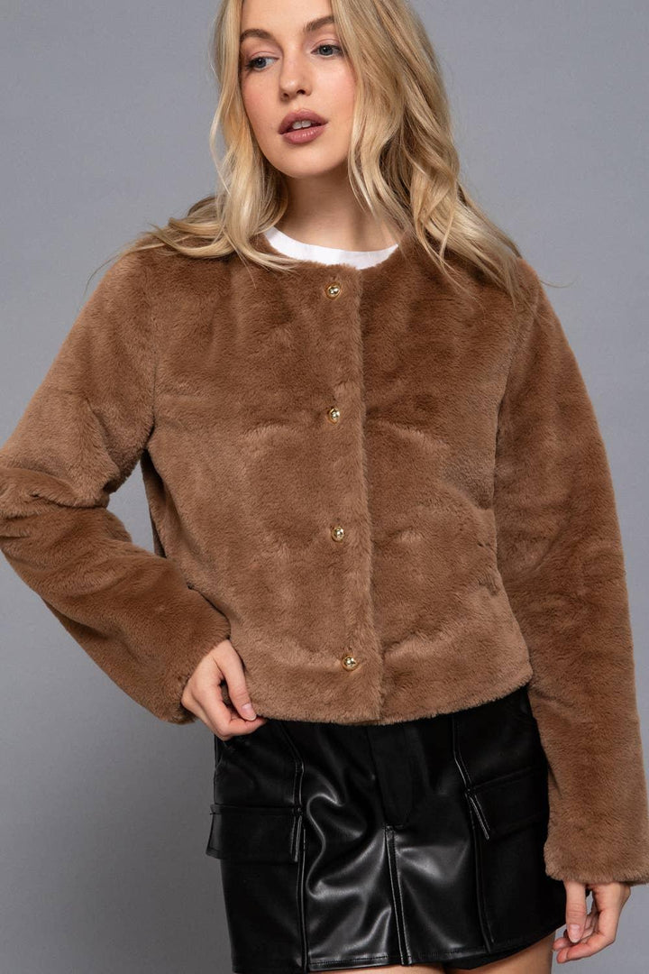 Outerwear - Long Sleeve Round Neck Faux Fur Crop Length Blazer - - Cultured Cloths Apparel