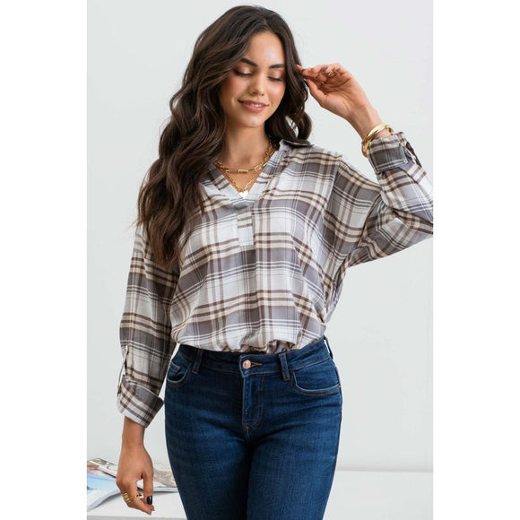 Women's Long Sleeve - Collared Plaid Split Neck Top - Dusty Green - Cultured Cloths Apparel