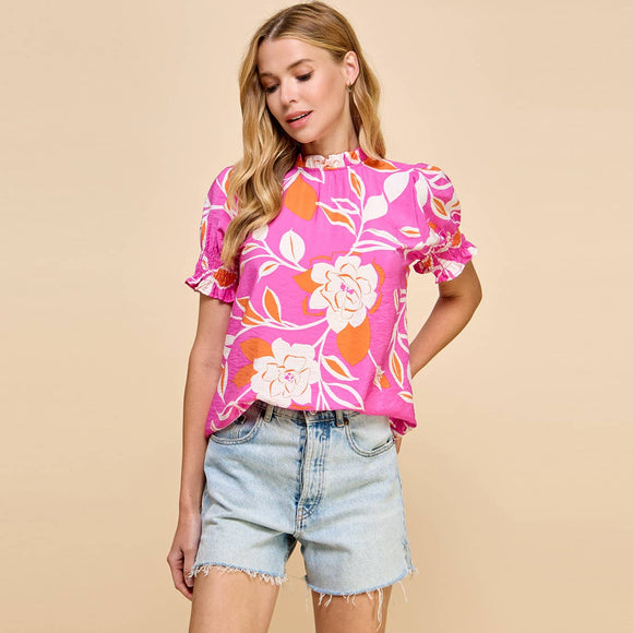 Women's Short Sleeve - Floral Printed Top with Ruffled Neck Detail and Smocked Slee -  - Cultured Cloths Apparel