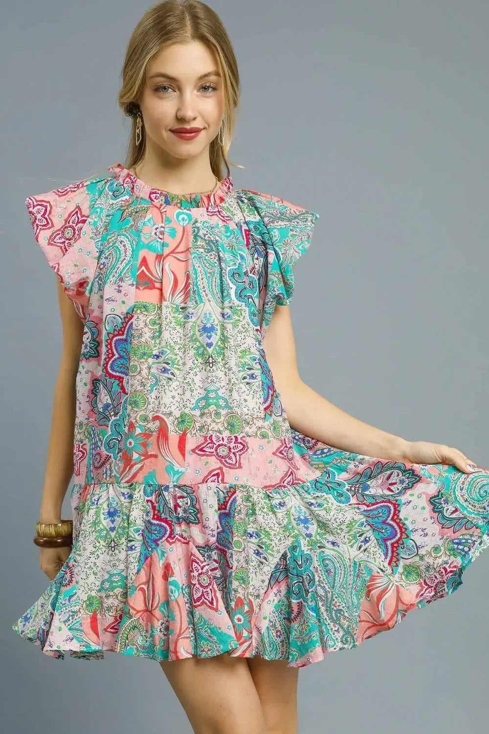 Women's Dresses - Umgee Printed Ruffle Cap Sleeve Mini Dress - Blush Pink - Cultured Cloths Apparel