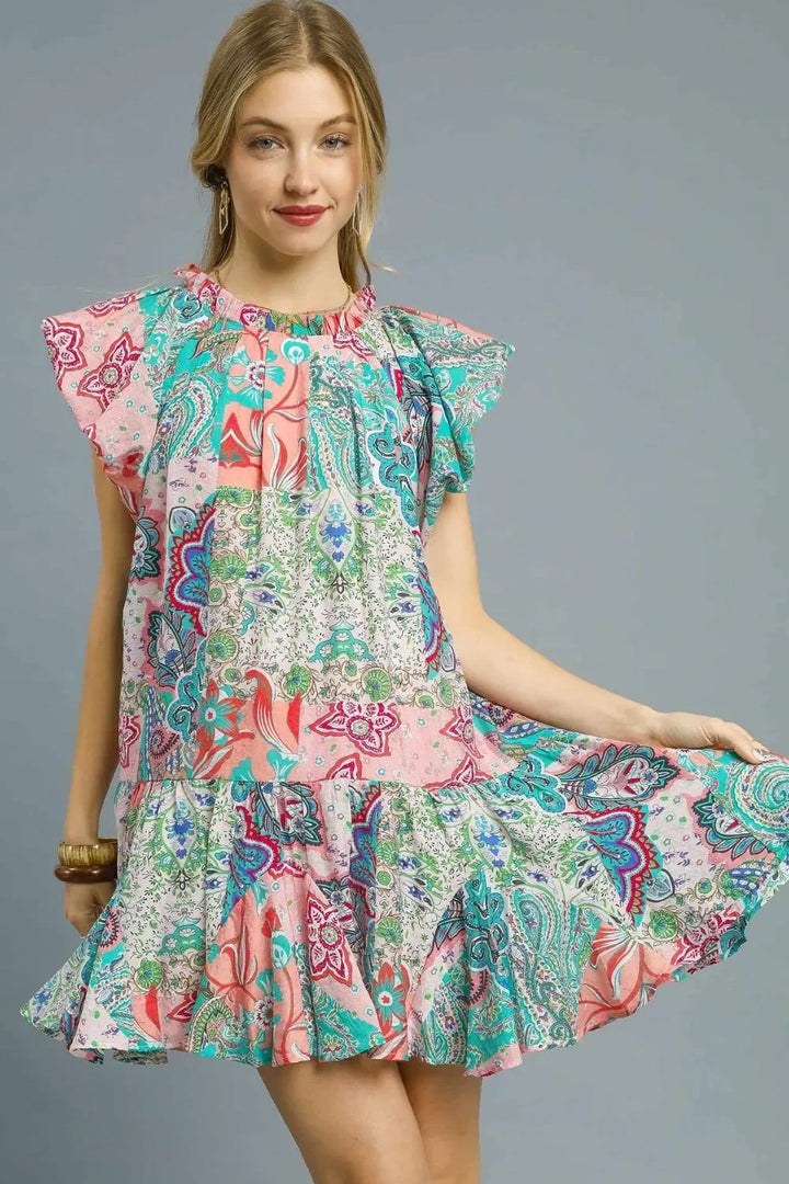 Women's Dresses - Umgee Printed Ruffle Cap Sleeve Mini Dress - Blush Pink - Cultured Cloths Apparel