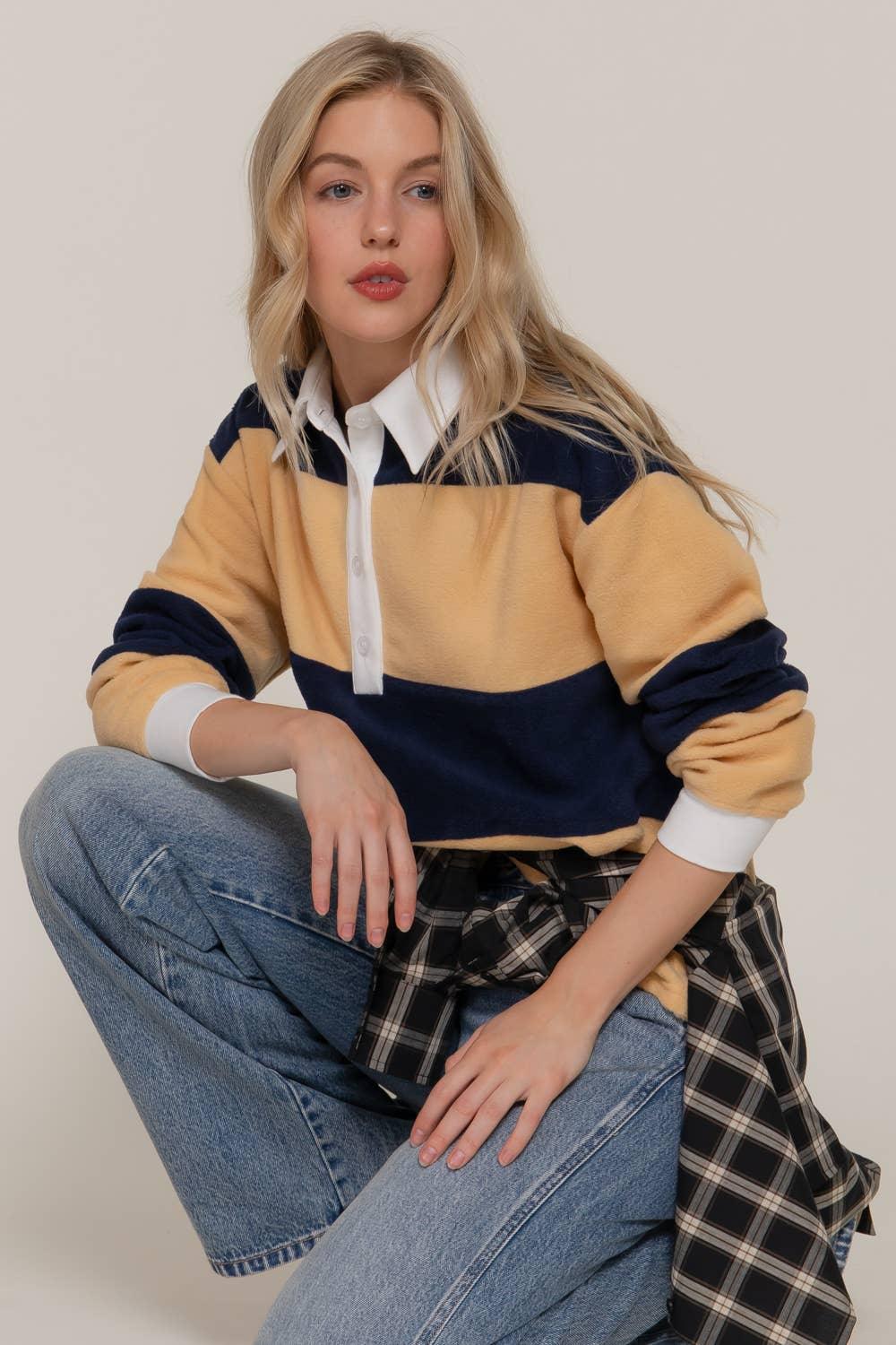 Women's Long Sleeve - Long Sleeve Rugby Stripe Fleece Polo Top - yellow/navy - Cultured Cloths Apparel