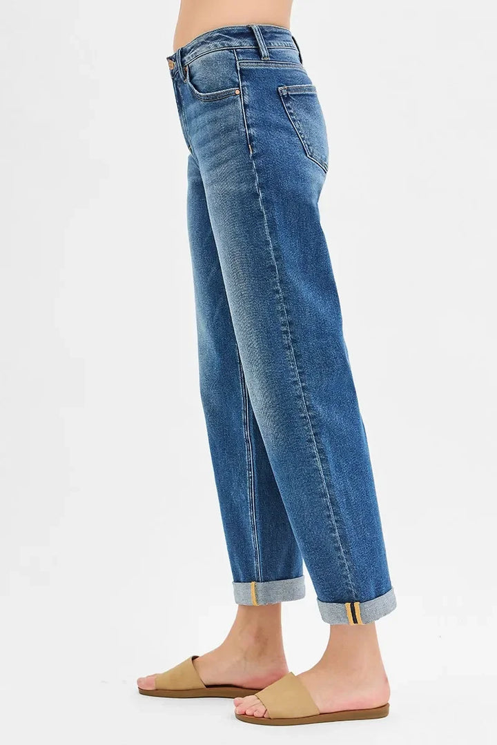 Denim - RISEN Full Size Mid Rise Boyfriend Roll Up Jeans - - Cultured Cloths Apparel