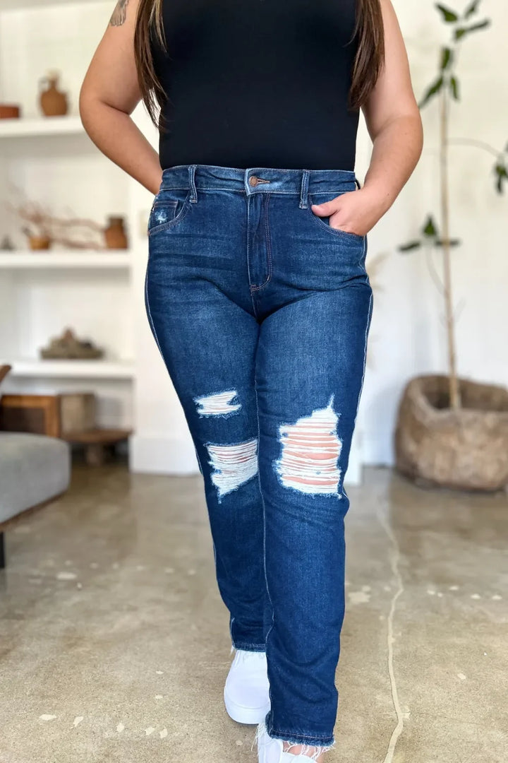 Denim - Judy Blue Full Size High Waist Rigid Magic Heavy Destroy Straight Jeans - - Cultured Cloths Apparel