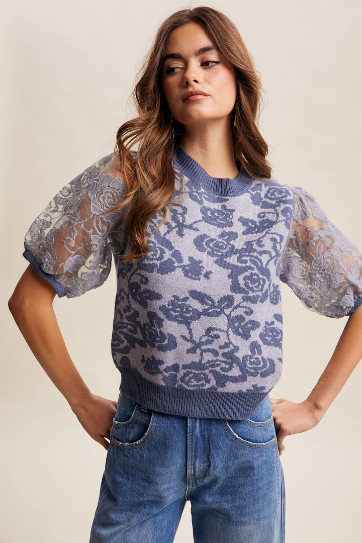 Women's Short Sleeve - Rose Embroidered Contrast Knit Top - - Cultured Cloths Apparel
