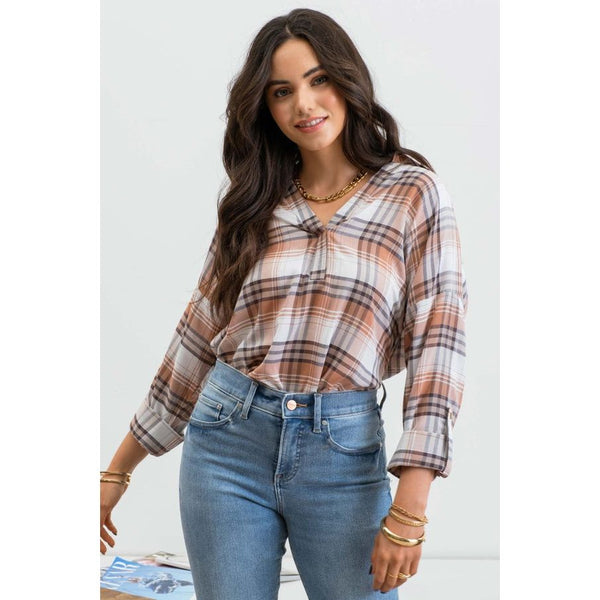 Women's Long Sleeve - Collared Plaid Split Neck Top -  - Cultured Cloths Apparel