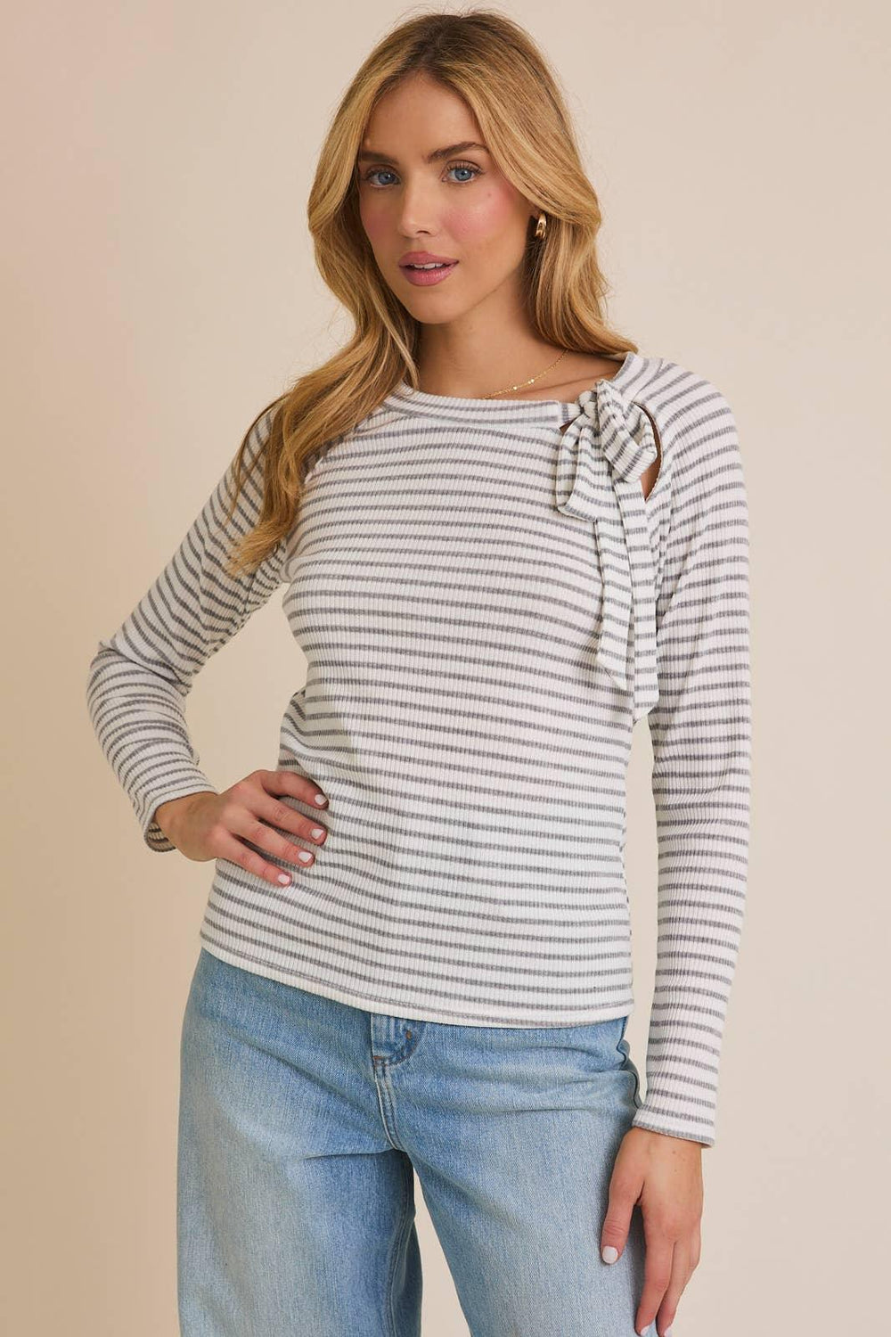 Women's Long Sleeve - ROUND NECK TIE DETAIL LONG SLEEVE STRIPE TOP - - Cultured Cloths Apparel