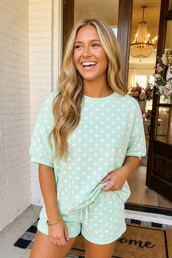 Polka Dot Print Top Drawstring Shorts Set (S-XL)