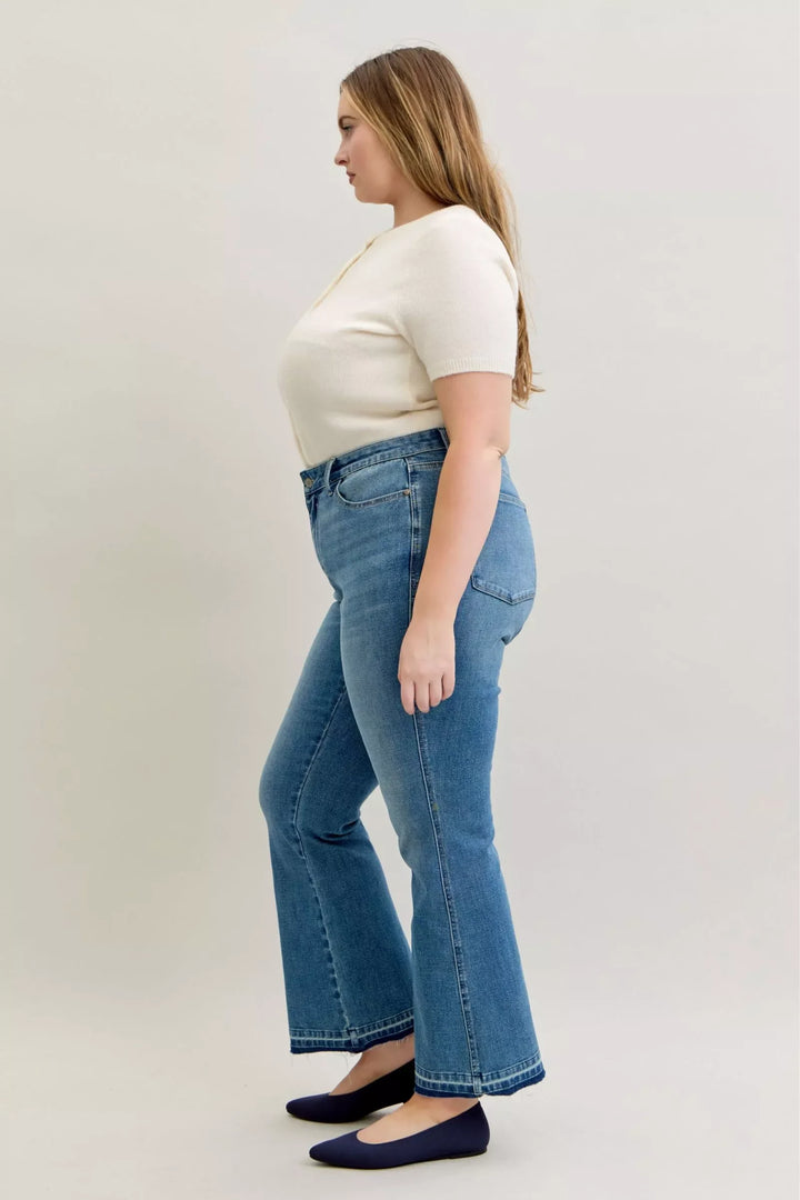 Denim - Judy Blue Full Size Mid Rise Slim Bootcut Tummy Control Release Hem Jeans Plus Size - - Cultured Cloths Apparel