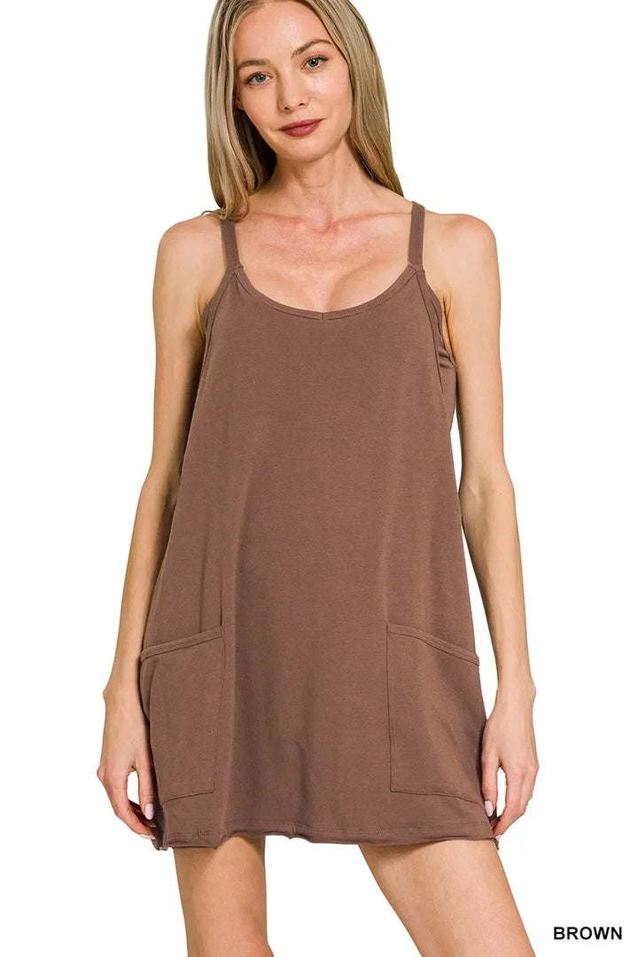 Women's Dresses - Zenana Cami Mini Dress with Built-in Romper Liner - BROWN - Cultured Cloths Apparel