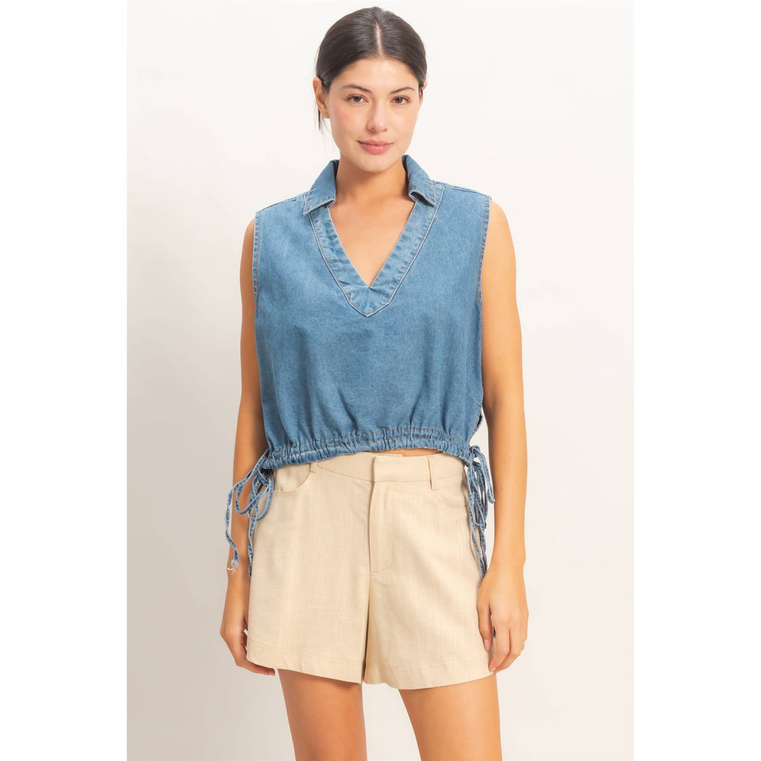 Women's Short Sleeve - Collared V-Neck Drawstring Tank - - Cultured Cloths Apparel