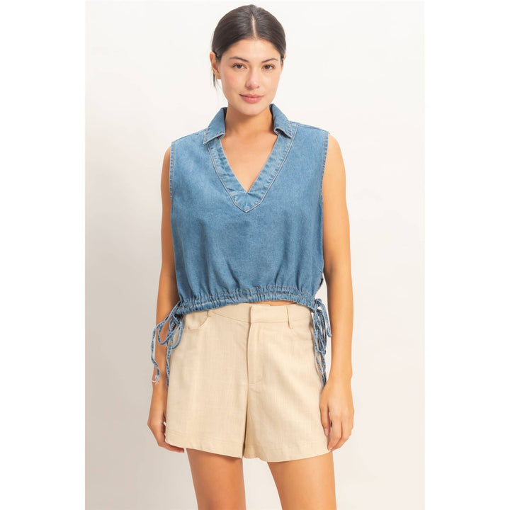 Women's Short Sleeve - Collared V-Neck Drawstring Tank - - Cultured Cloths Apparel