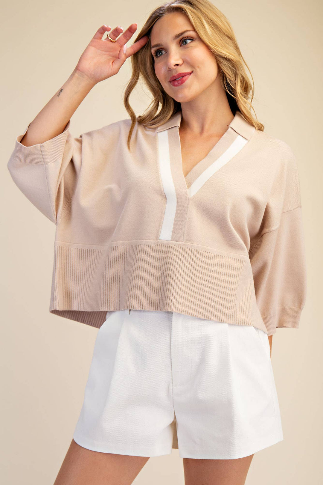 Nude Collar With Contrast Trim Loose Fit Dropped Shoulder Sweater