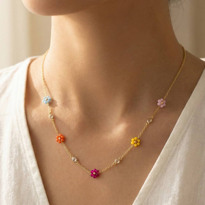 Accessories, Necklaces - Beaded Flower Station Charms Beaded Necklace - - Cultured Cloths Apparel