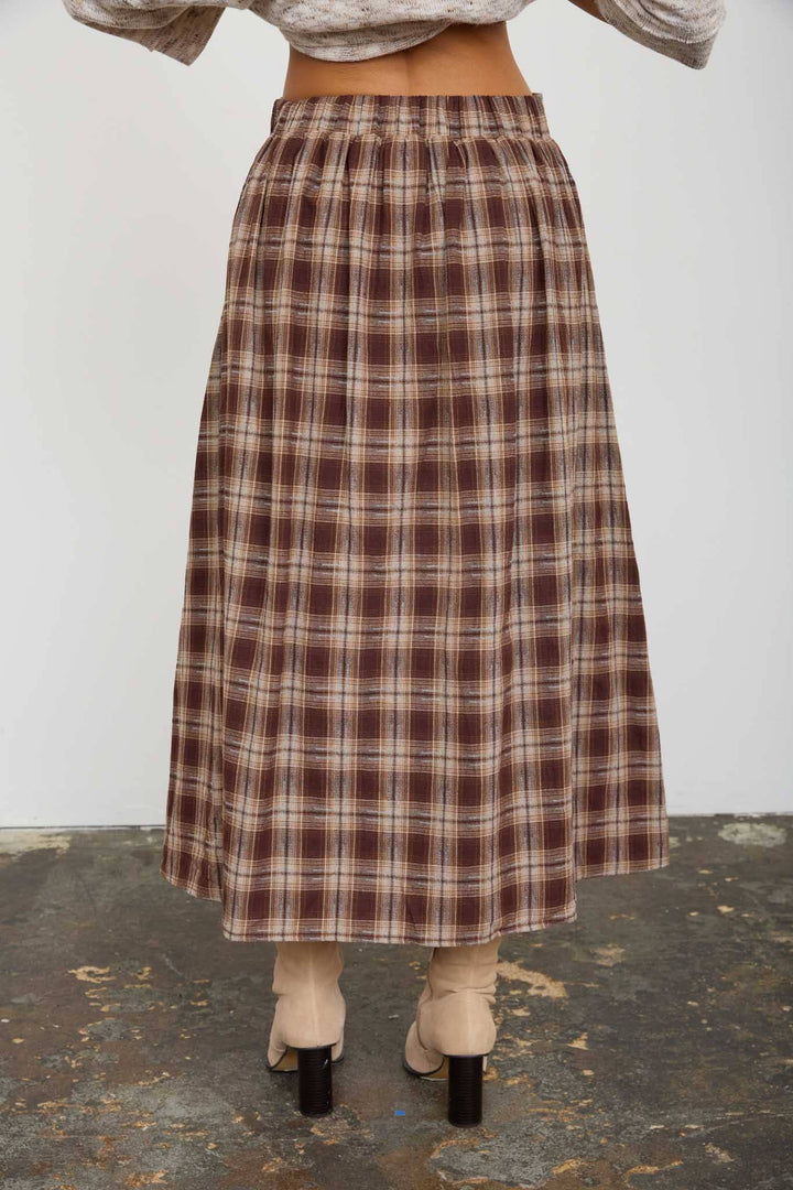 PLAID PLEATED SIDE SLIT MIDI SKIRT