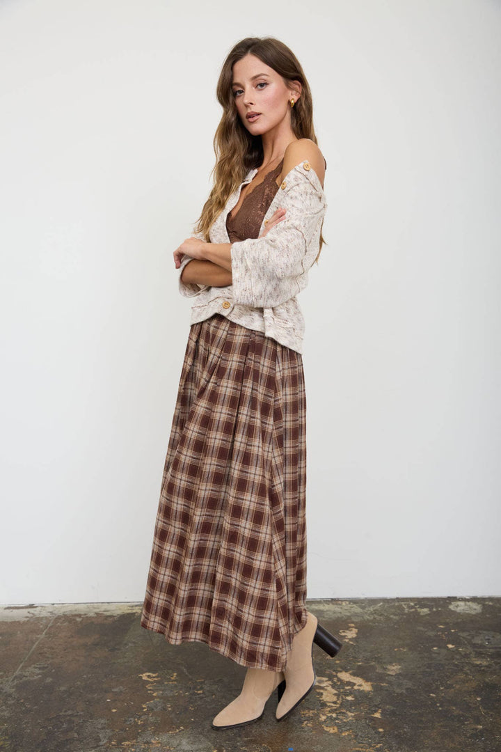 PLAID PLEATED SIDE SLIT MIDI SKIRT