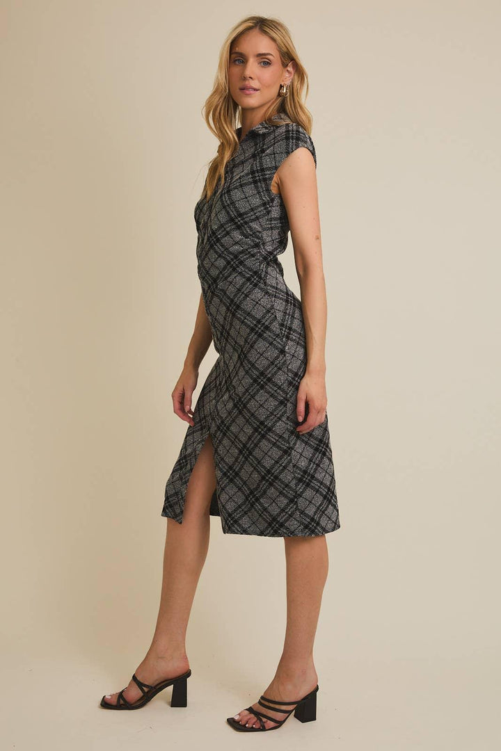 Women's Dresses - COLLARED SLEEVELESS BUTTON DOWN PLAID MIDI DRESS - - Cultured Cloths Apparel
