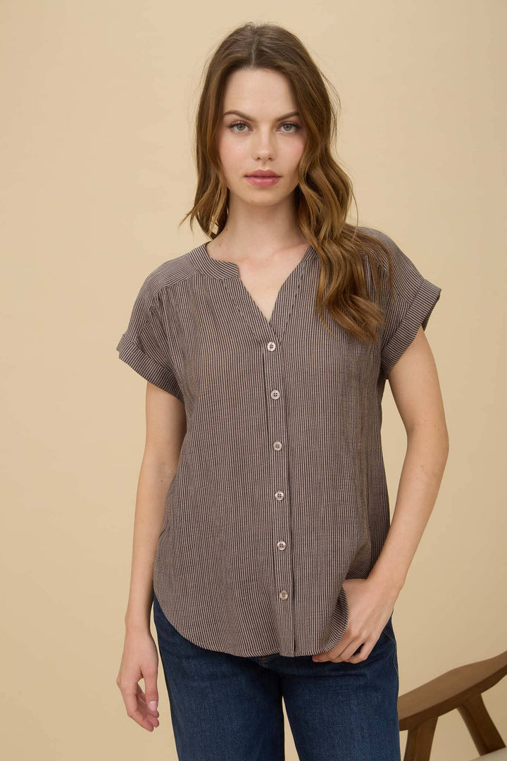 Women's Short Sleeve - PINSTRIPE SHORT CUFF SLEEVE BUTTON DOWN SHIRT - - Cultured Cloths Apparel