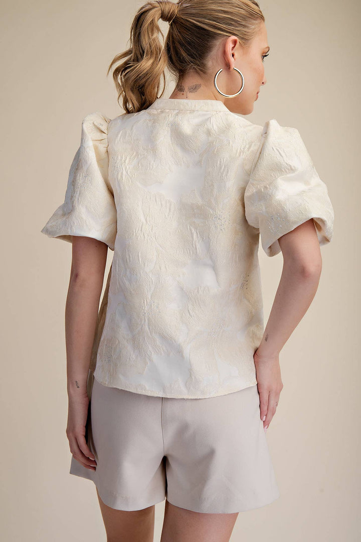 Women's Short Sleeve - V-Neck Puff Sleeve Jacquard Top - - Cultured Cloths Apparel