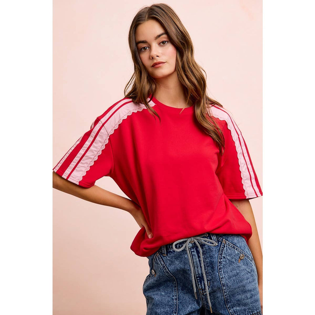 FRENCH TERRY SIDE LACE DETAIL SHORT SLEEVES TOP